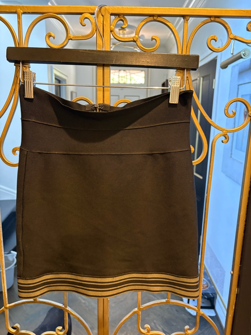 Herve Leger Black Mini Skirt with Striped olive green Hem bondage small